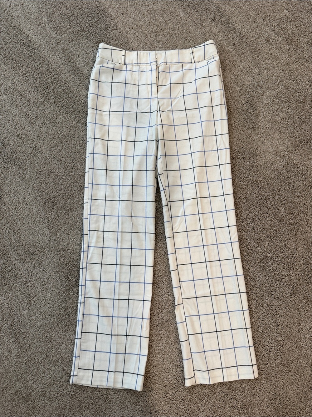 women’s White Windowpane Dress Pants with Blue Check